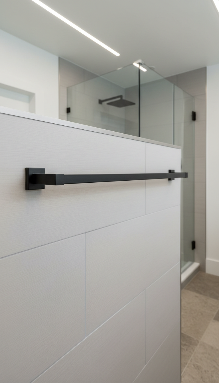 A professionally mounted, matte black metal towel bar, perfectly level and affixed to a crisp, pale gray tiled bathroom wall. The tiles feature subtle, textured grout lines that emphasize the precision of the installation. The environment is a spotless, modern bathroom with clean lines, a frameless glass shower enclosure blurred softly in the background, and a hint of neutral-toned stone flooring. Cool, soft LED strip lighting runs along the ceiling, casting gentle illumination that creates even highlights across the metal bar and subtle, diffused shadows on the tilework. Captured in a centered, wide-angle shot with clear, balanced composition, the image conveys a confident, trustworthy mood and aligns with a high-quality, professional handyman service aesthetic in a corporate photographic style.
