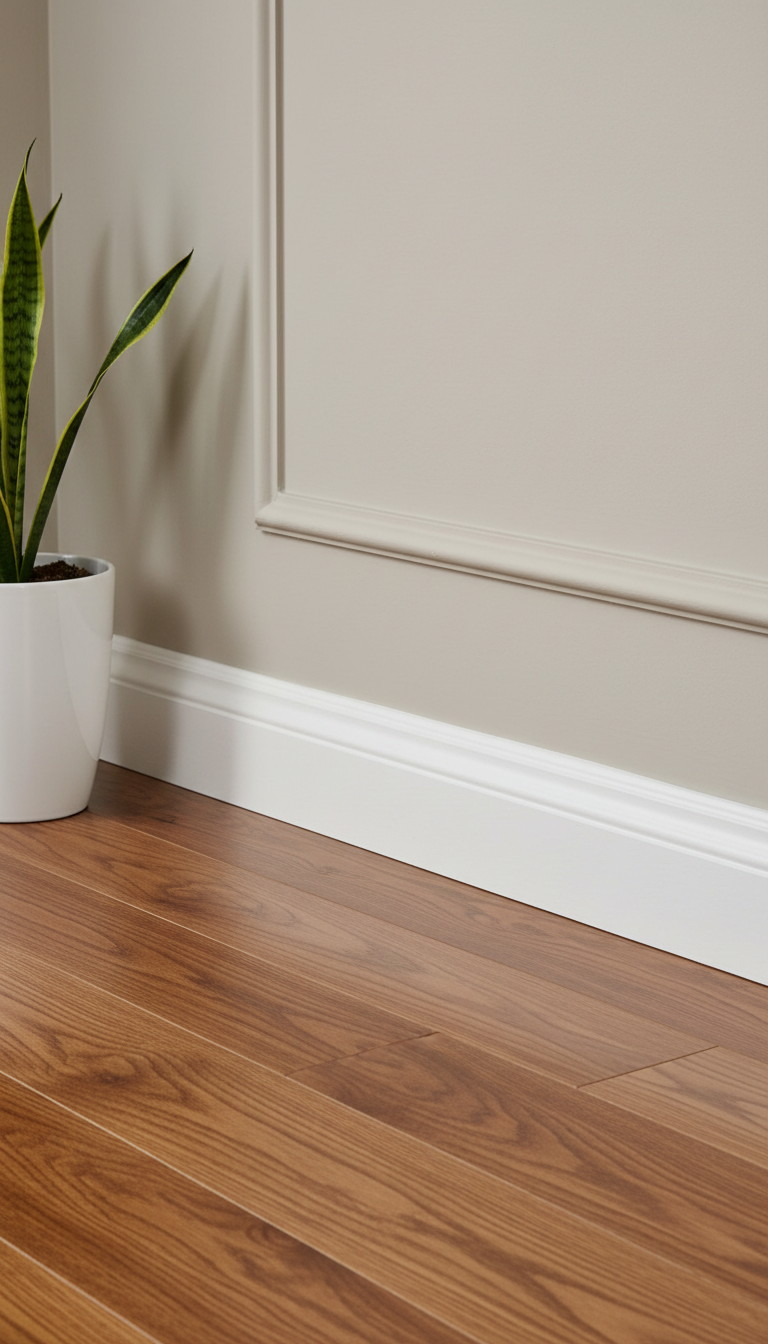 A freshly installed, expertly caulked white baseboard with crisp, smooth lines seamlessly joining a light beige wall to polished hardwood flooring. The setting is a bright, uncluttered living room corner with subtle decorative molding and minimalistic decor, creating a tidy, balanced environment. Soft overhead LED lighting casts gentle, uniform illumination, highlighting the immaculate craftsmanship and creating minimal shadows for a flawless, high-quality finish. The composition, shot slightly above baseboard level in a tight horizontal frame, employs a structured layout that feels composed and meticulous. The overall mood is calm and reassuring, with photographic realism and a modern, corporate edge, showcasing attention to detail in home improvement—ideal for a professional handyman's website.