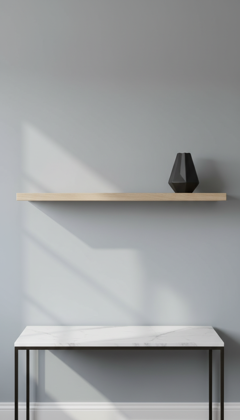 A flawless, wall-mounted floating shelf made from smooth, light ash wood with clean, beveled edges and a perfectly level alignment. Situated on a freshly painted, cool gray wall above a minimalist marble-topped console, the shelf holds a single, geometric matte-black vase for accent. Ambient daylight filters in from an adjacent window, creating soft, natural highlights and faint, organized shadows beneath the shelf and vase. Photographed straight-on with a rule-of-thirds composition and balanced negative space, the image is crisp, structured, and exudes a contemporary, premium quality. The atmosphere is serene and methodical, embodying professional handyman work and supporting a modern business brand with a focus on precise craftsmanship.