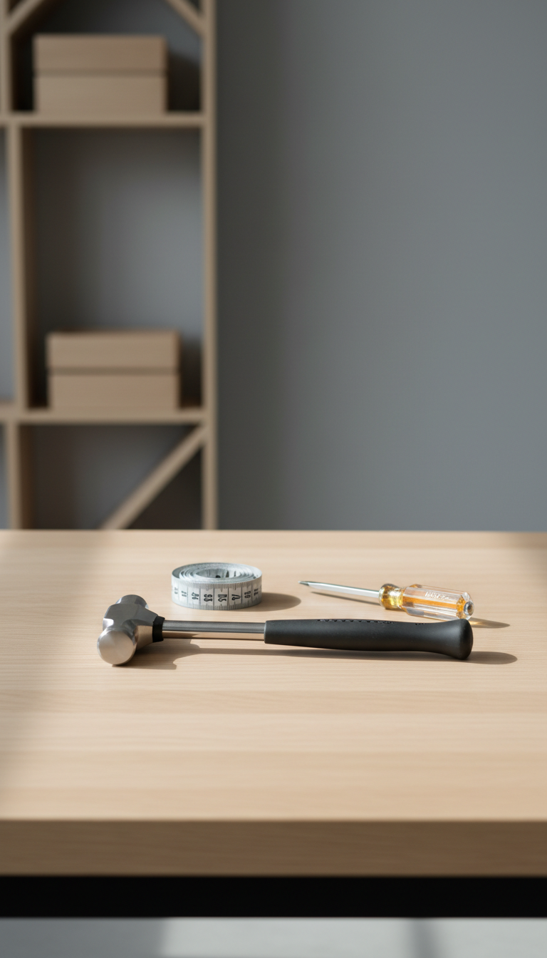 An organized set of precision hand tools—including a stainless steel hammer, flat-head screwdriver, and measuring tape—beautifully arranged atop a smooth, pale oak workbench with a matte finish. The background features a neutral gray wall and subtle hints of geometric shelving for a structured look, all kept immaculately clean. Bathed in diffused natural daylight streaming from a nearby window, the scene is softly illuminated, producing gentle highlights on the metallic surfaces and tactile, realistic textures across the wood and tools. Captured in a centered, eye-level composition with sharp focus throughout, the image radiates a sense of professionalism, reliability, and order, perfectly in sync with a corporate, detail-oriented handyman brand and a clean, photographic style.