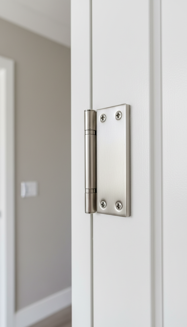 A close-up of an expertly repaired door hinge: satin nickel finish with clearly defined screws, perfectly set into a freshly painted, pristine white door. The frame is tight, highlighting the seamless alignment and flawless installation. The setting is a simple hallway with a neutral palette, reflected in the clean lines of the door frame and understated trim. Bright, diffused artificial lighting ensures even illumination with minimal shadow and distinct metallic reflections, enhancing every detail. Shot from a slightly angled macro perspective, the sharp focus brings out textures in the metal and paint, creating an atmosphere of trustworthiness, order, and technical skill—all captured within a minimalist, photographic composition suited for a corporate handyman business.