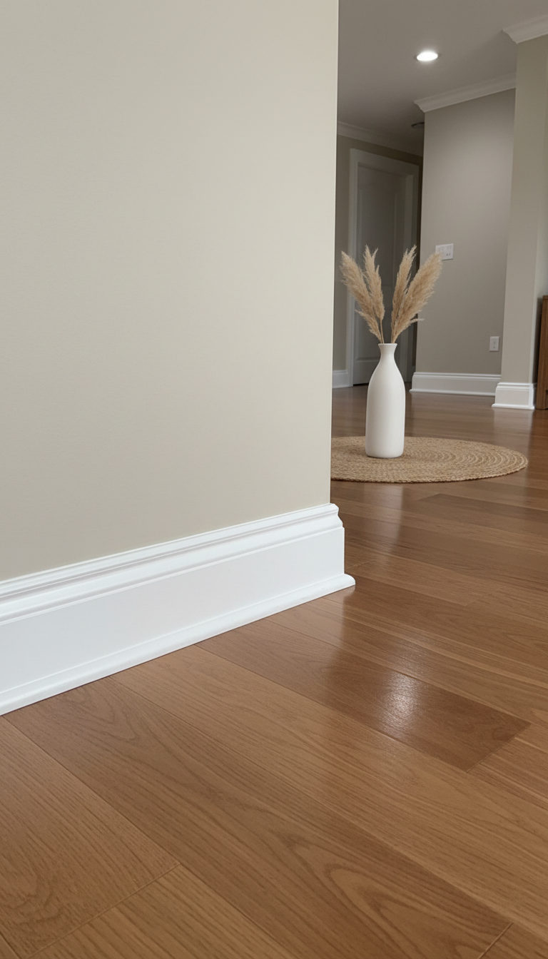 A freshly installed, expertly caulked white baseboard with crisp, smooth lines seamlessly joining a light beige wall to polished hardwood flooring. The setting is a bright, uncluttered living room corner with subtle decorative molding and minimalistic decor, creating a tidy, balanced environment. Soft overhead LED lighting casts gentle, uniform illumination, highlighting the immaculate craftsmanship and creating minimal shadows for a flawless, high-quality finish. The composition, shot slightly above baseboard level in a tight horizontal frame, employs a structured layout that feels composed and meticulous. The overall mood is calm and reassuring, with photographic realism and a modern, corporate edge, showcasing attention to detail in home improvement—ideal for a professional handyman's website.